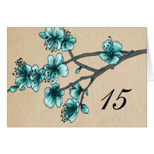 Aqua Vintag Cherry Blossoms Tischnummer Karte