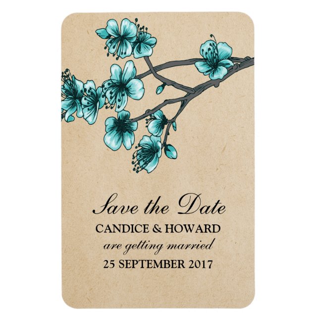Aqua Vintag Cherry Blüten Save the Date Magnet (Vertikal)