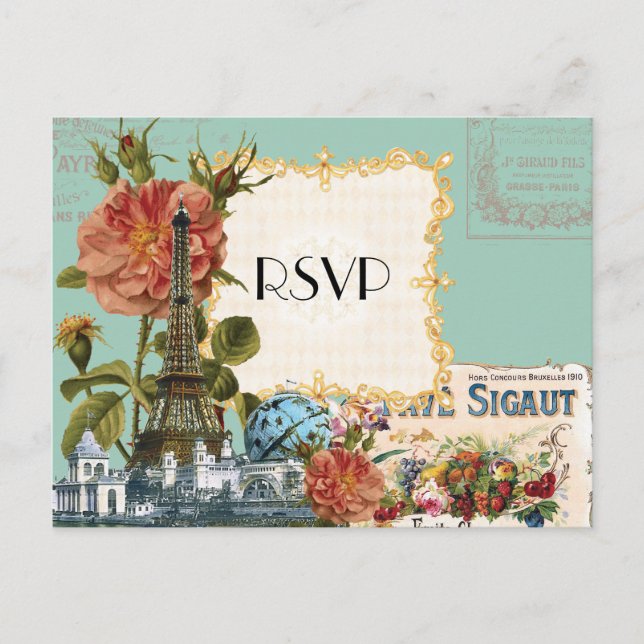 Aqua Vintag Eiffelturm Rose Save the Date Karte (Vorderseite)