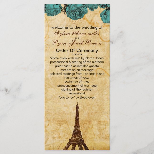 aqua Vintage Eiffelturm Paris Hochzeitsprogramm Programm (Vorderseite)