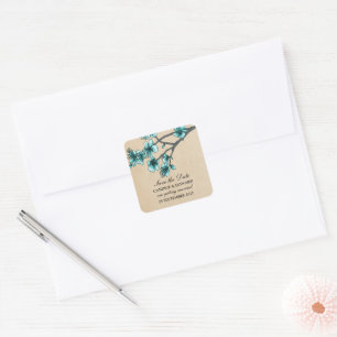 Aqua Vintage-Kirschblüten Save-the-Date Quadratischer Aufkleber