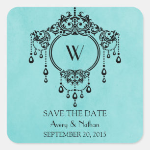 Aqua Vintage Kronleuchter Save the Date Aufkleber