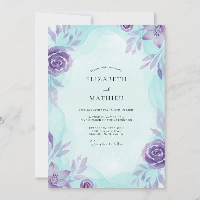 Aqua Violette Bemalte Hochzeit Einladung (Vorderseite)