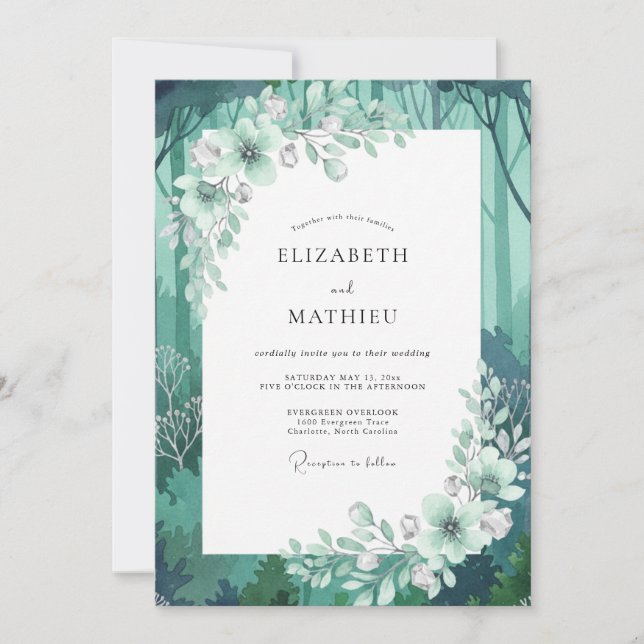 Aqua-Wald-Blatt-Hochzeit Einladung (Vorderseite)