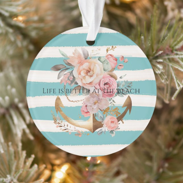 Aqua Watercolor Beach Streifen Gold Blumenstrauß Ornament (Baum)