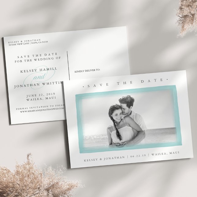 Aqua Watercolor Border | FOTO SAVE THE DATE Ankündigungspostkarte (Von Creator hochgeladen)