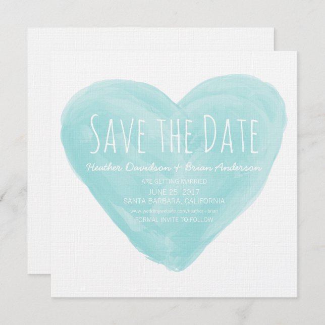 Aqua Watercolor Herz Save the Date laden Einladung (Vorne/Hinten)