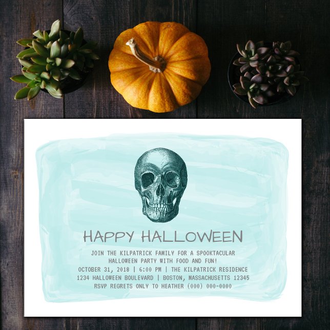 Aqua Watercolor Skull Halloween-Party laden Einladung (Aqua Watercolor Skull Halloween Party Invite)