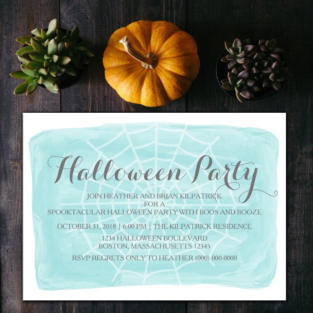 Aqua Watercolor Spider Web Halloween-Party Einladu Einladung (Aqua Watercolor Spiderweb Halloween Party Invite)