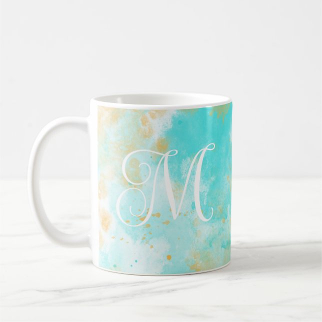 Aqua Watercolor Wash & Customizable Monogram Tasse (Links)