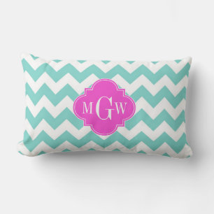Aqua Weiß Chevron Hot Pink Quatrefoil 3 Monogramm Lendenkissen