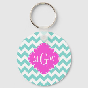 Aqua Weiß Chevron Hot Pink Quatrefoil 3 Monogramm Schlüsselanhänger