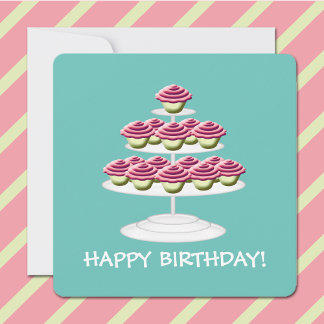 Aqua White and Pink Cupcake Tower Happy Birthday Einladung