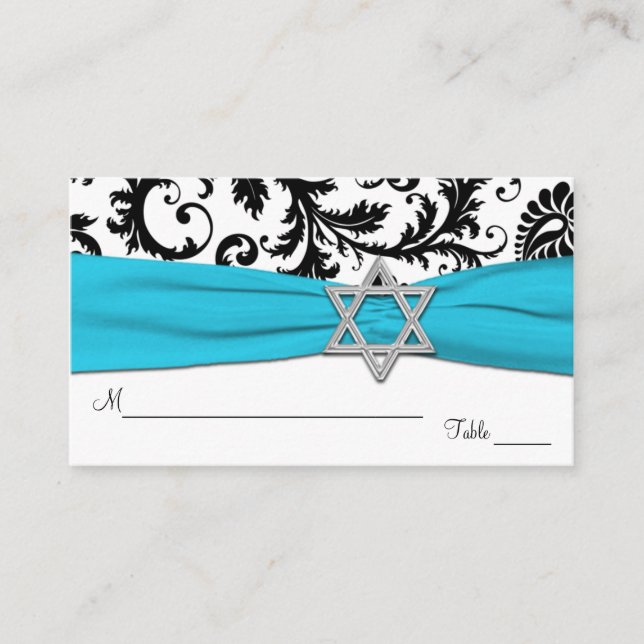 Aqua, White, Black Damask Bat Mitzvah Placecards Platzkarte (Vorderseite)