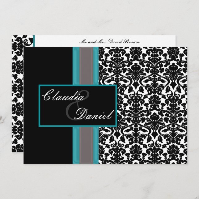 Aqua White Black Damask Hochzeitseinladungen Einladung (Vorne/Hinten)