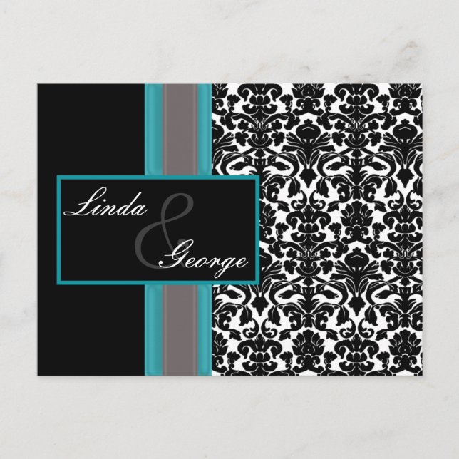 Aqua White Black Damask Hochzeitseinladungen Einladungspostkarte (Vorderseite)