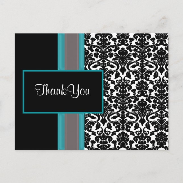 Aqua White Black Damask Hochzeitseinladungen Postkarte (Vorderseite)