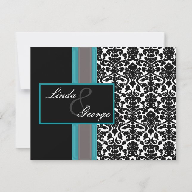 Aqua White Black Damask Hochzeitseinladungen RSVP Karte (Vorderseite)