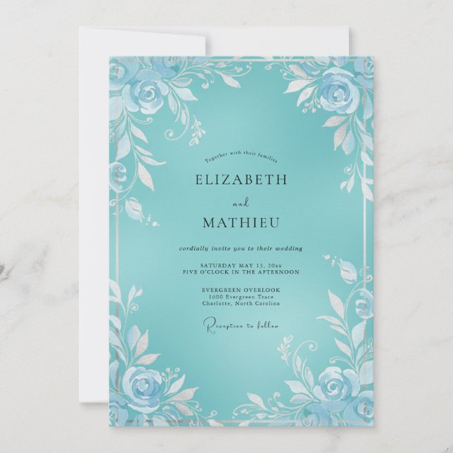 Aqua White Blossom Hochzeit Einladung (Vorderseite)