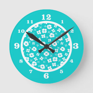 Aqua & White Blume Runde Wanduhr