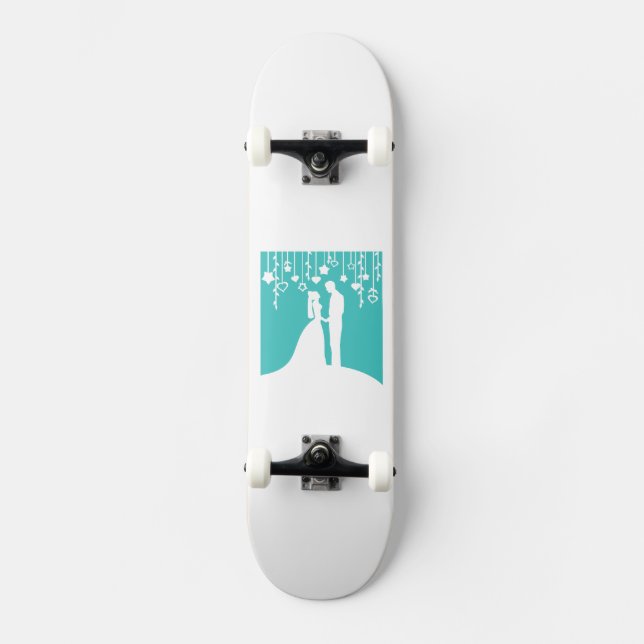 Aqua & White Bridge und Groom Wedding Silhouetten Skateboard (Vorderseite)