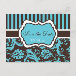 Aqua, White, Brown Damask Save the Date Karte