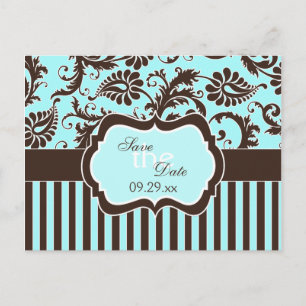 Aqua White Brown Striwn Damask Save the Date Karte