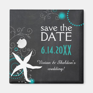 Aqua White Chalkboard Beach Hochzeit Save the Date Magnet