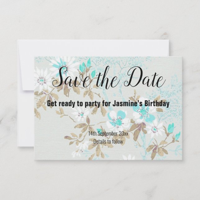 AQUA WHITE CHERRY BLOSSOM SAVE THE DATE RSVP KARTE (Vorderseite)