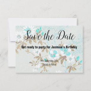 AQUA WHITE CHERRY BLOSSOM SAVE THE DATE RSVP KARTE