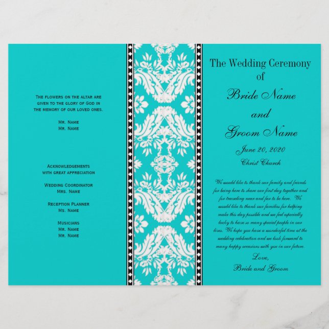 Aqua White Damask Wedding Program (Vorderseite)