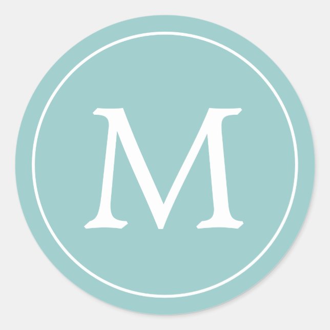 Aqua White Elegant Monogram Runder Aufkleber (Vorderseite)