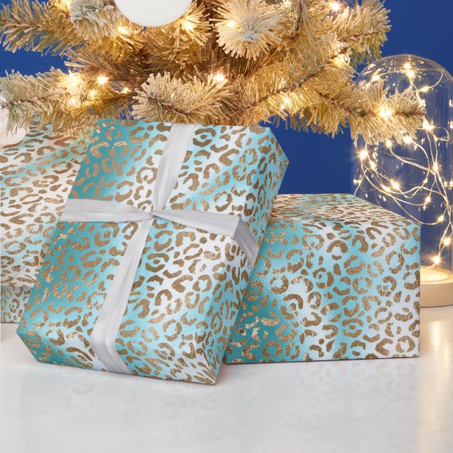 Aqua White Gold Leopard Print Geschenkpapier (Feiertage)