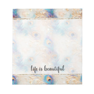 Aqua White Gold Peacock Feathers Notizblock