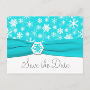 Aqua, White, Graue Schneeflocken Save the Date Kar Ankündigungspostkarte