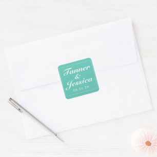 Aqua & White Moderne Minimalistische Hochzeit Quadratischer Aufkleber