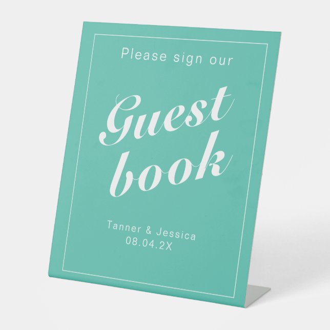 Aqua & White Modernes Minimalistisches Gästebuch Sockelschild (Vorderseite)