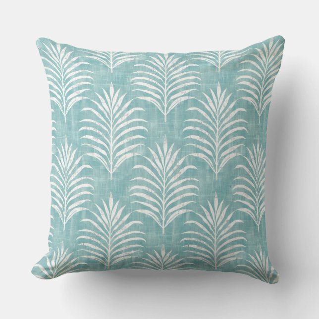 Aqua & White Palm Leaf Throw Kissen (Vorderseite)