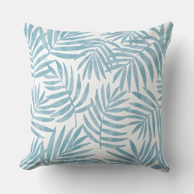 Aqua & White Palm Leaf Throw Kissen (Vorderseite)