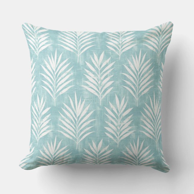 Aqua & White Palm Leaf Throw Kissen (Vorderseite)
