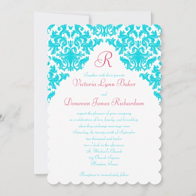 Aqua, White, Red Damask Mit Monogramm Einladung (Vorderseite)