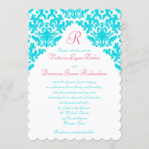 Aqua, White, Red Damask Mit Monogramm Einladung