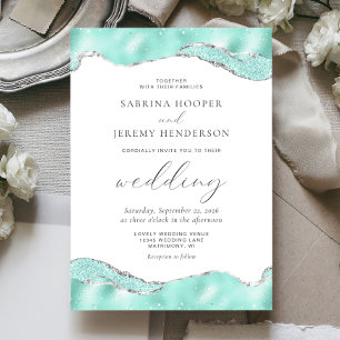 Aqua White Silver Foil Glitzer Wedding Einladung