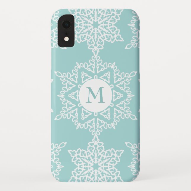 Aqua White Snowflakes Christmas Holiday Monogram Case-Mate iPhone Hülle (Rückseite)