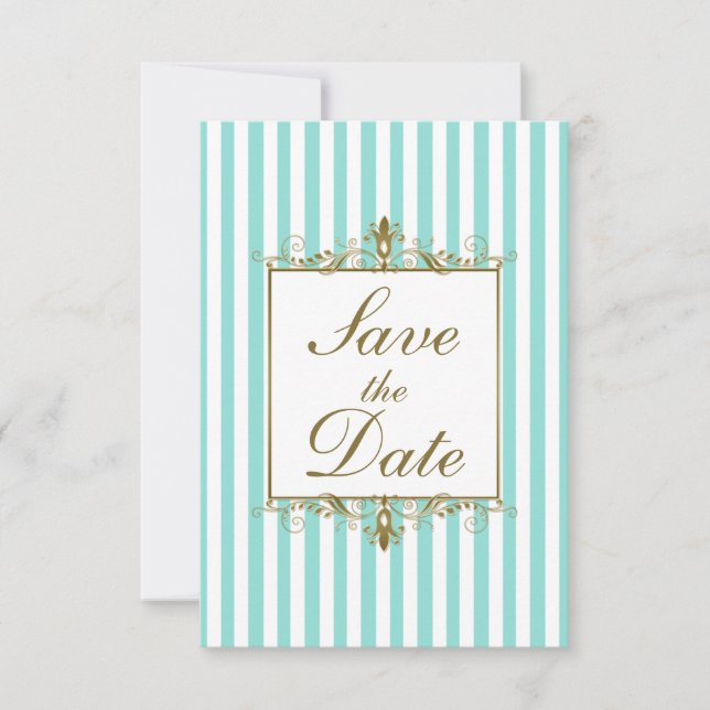 Aqua, White Stripes, Gold Scroll Save the Date Kar (Vorderseite)