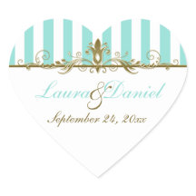 Aqua, White Stripes Gold Scrolls Wedding Sticker