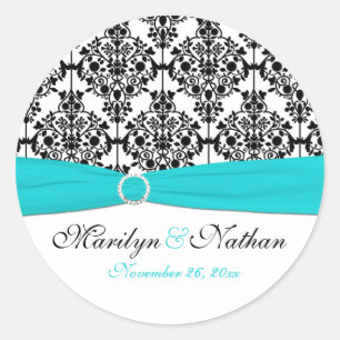 Aqua, White und Black Damask 1,5" Rundaufkleber Runder Aufkleber
