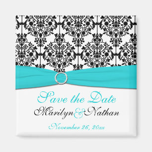 Aqua, White und Black Damask Wedding Fvor Magnet