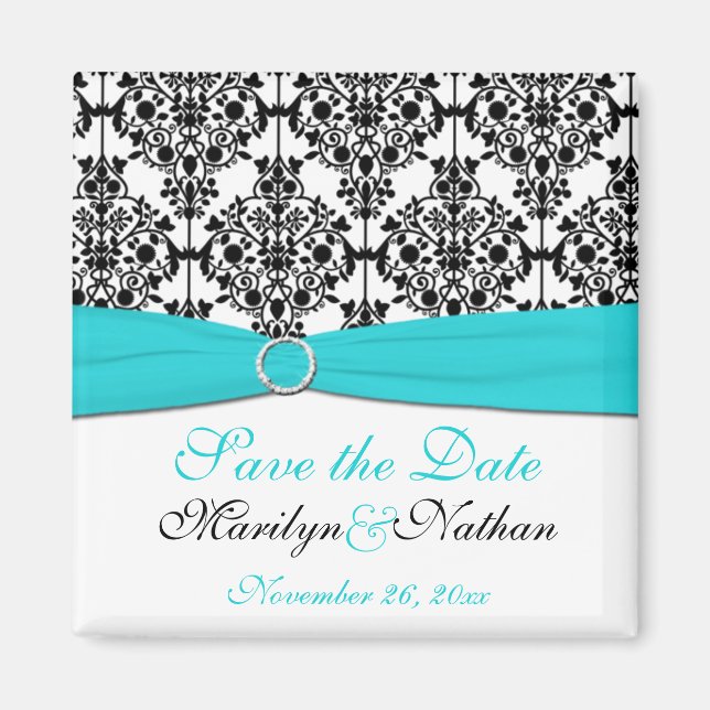 Aqua, White und Black Damask Wedding Fvor Magnet (Vorne)