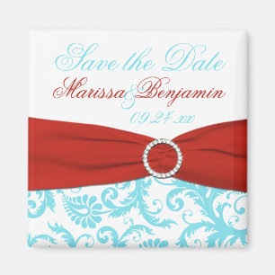 Aqua, White und Red Damask Speichern Sie das Date Magnet